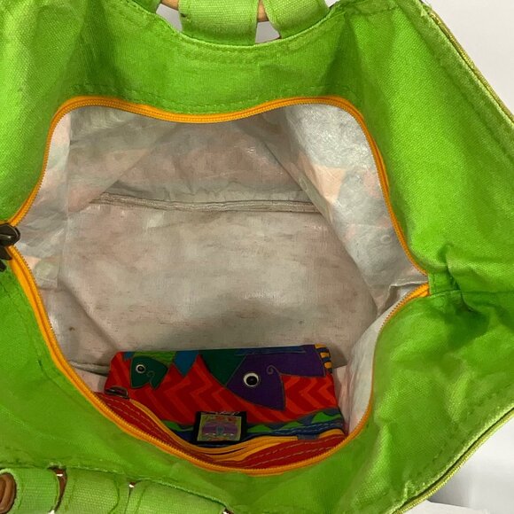 Laurel Burch Fish Print Canvas Handbag With Bamboo Handles & Detachable Strap - Picture 8 of 13